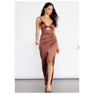 Brown Satin Front Knot Maxi Dress